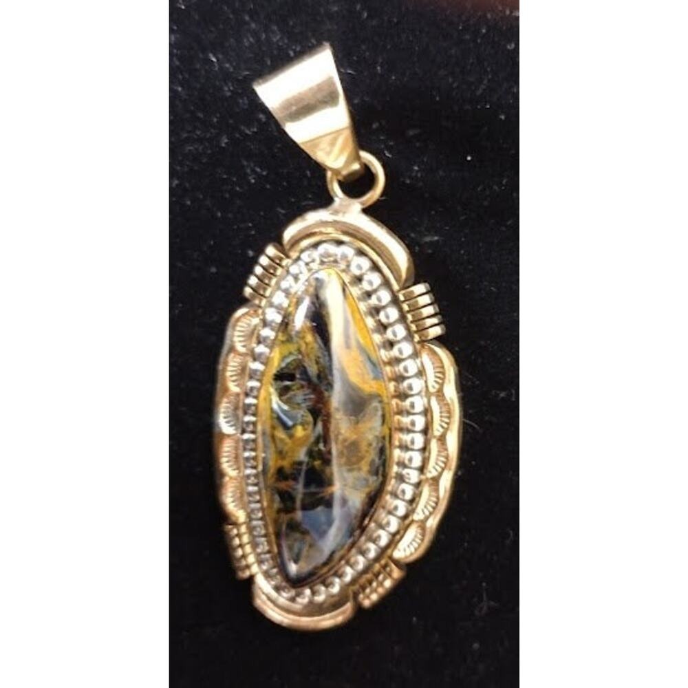 Vtg Signed Lee Bennett Navajo Sterling and‎ 12K Gold Filled Pendant with Jasper - Picture 6 of 6